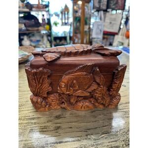 Vintage Rosewood Hand Carved Sea Creatures Trinket Box